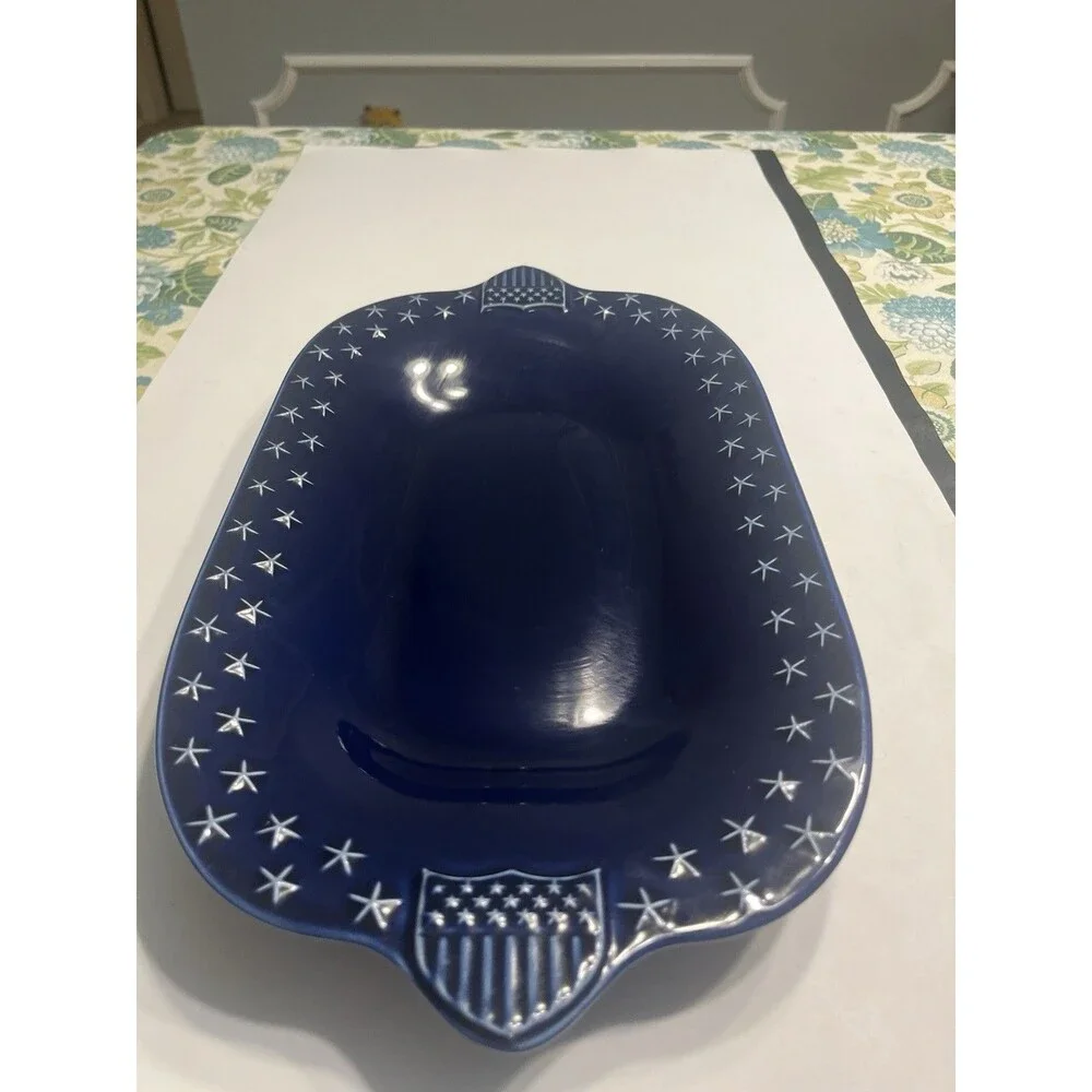 Longaberger Pottery Proudly American Cobalt Blue Stars Platter / Serving Tray
